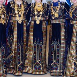 Navy blue velvet long embroidered Thobe / Palestinian dress